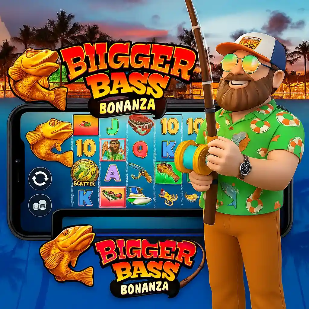 Bigger Bass Bonanza slot game displayed on smartphone with fishing character