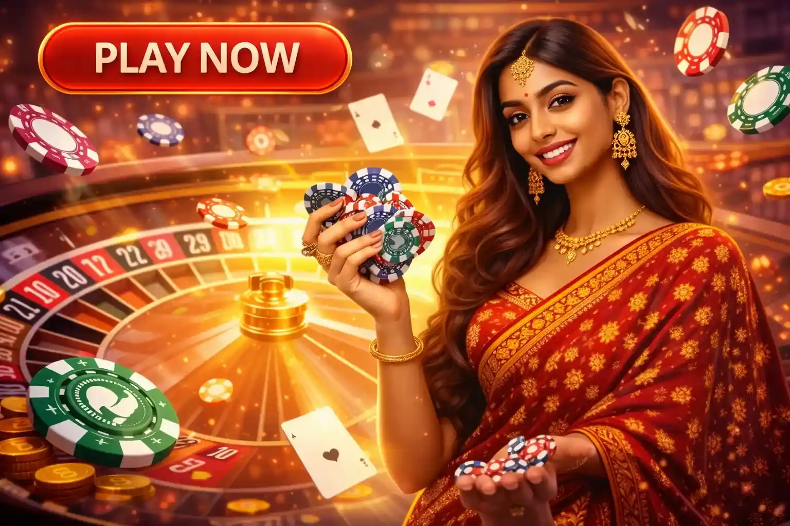 Bangladeshi online casino welcome screen with roulette wheel and poker chips